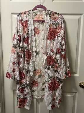 Jolie & Joy Floral Lace Kimono Robe - White with Rose Print Size 3X cottagecore